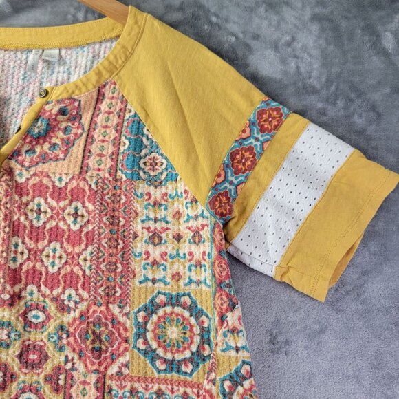 Cato Womens Patchwork Henley Top L Multicolor Boho Festival Casual Raglan Sleeve - Picture 3 of 9